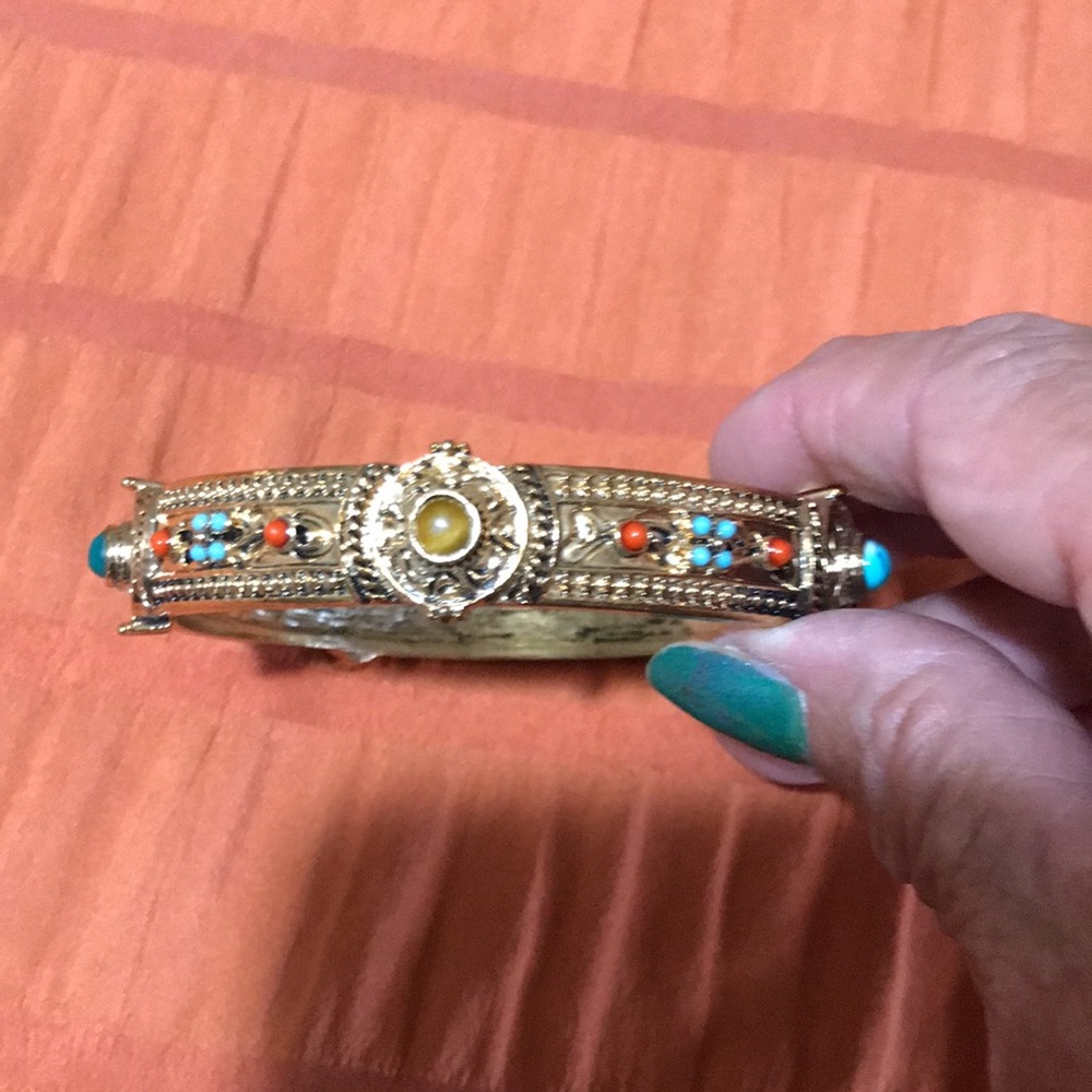 Gold-Tone Turquoise & Coral Accent Bangle Bracelet. - Picture 5 of 9